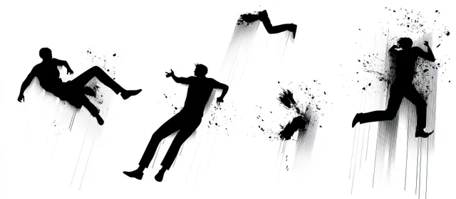 Four black silhouettes of men falling with motion blur streaks and splatter stains on a white background.