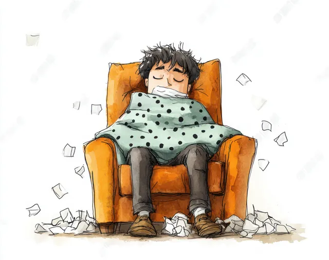Unwell man reclines in an armchair under a blanket with tissues scattered around and allergy symptom dots in the air.