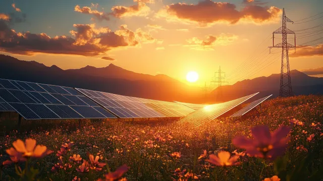 Solar panels and power lines stand over a wildflower field while the sun sets behind distant mountains under partly cloudy skies.