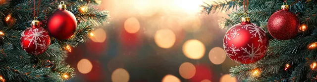 Red and gold Christmas ornaments hang on evergreen branches with warm glowing bokeh lights in the background.