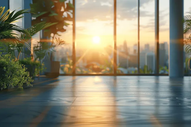 Sunlit modern office interior with panoramic windows, defocused city skyline and clean floor
