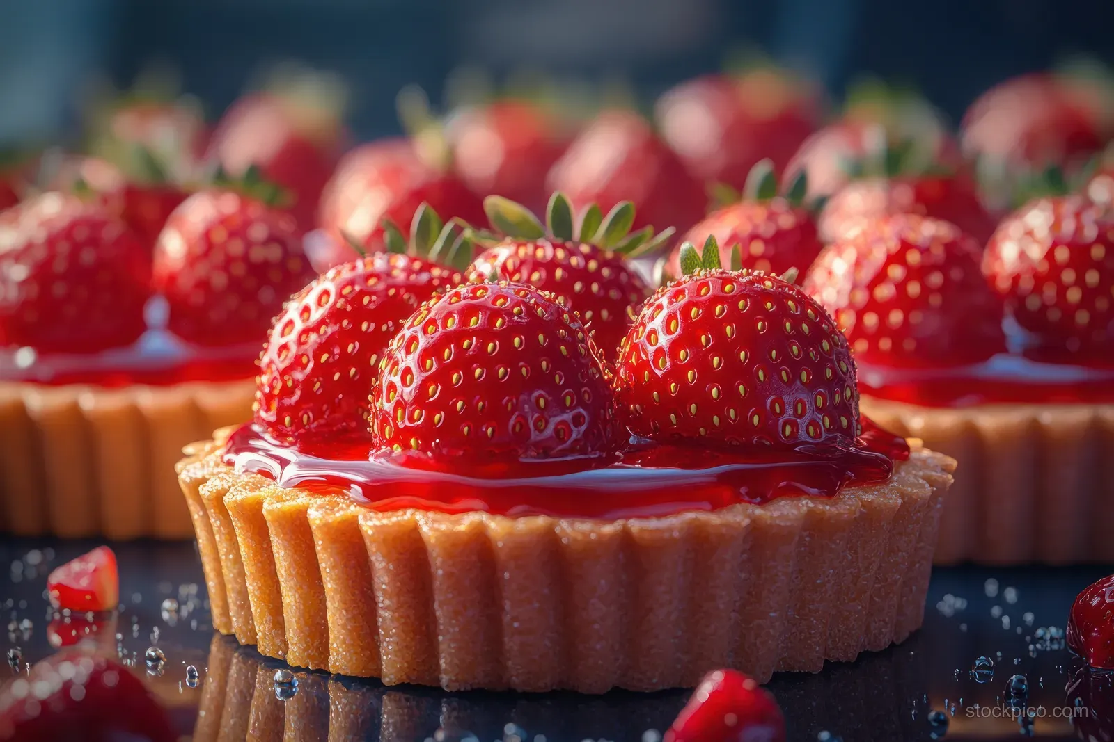 Close-up of a strawberry cream tart topped with fresh berries and custard, with other tartlets softly blurred behind it.