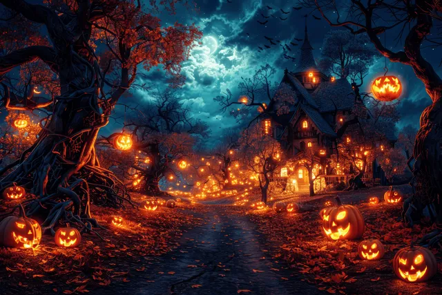 A haunted house at night with glowing jack-o’-lantern pumpkins along a dark path under a full moon.