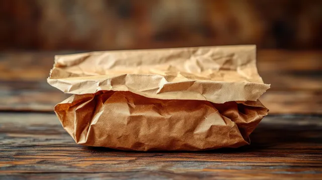 Folded blank brown paper bag mockup lying on a wooden table under soft natural light.