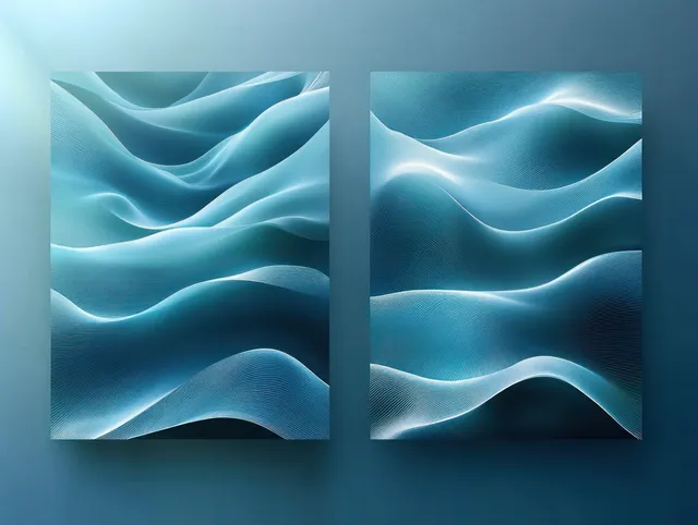 Dois cartões abstratos de folheto em verde-azulado e ciano sobre um fundo com gradiente azul-escuro.