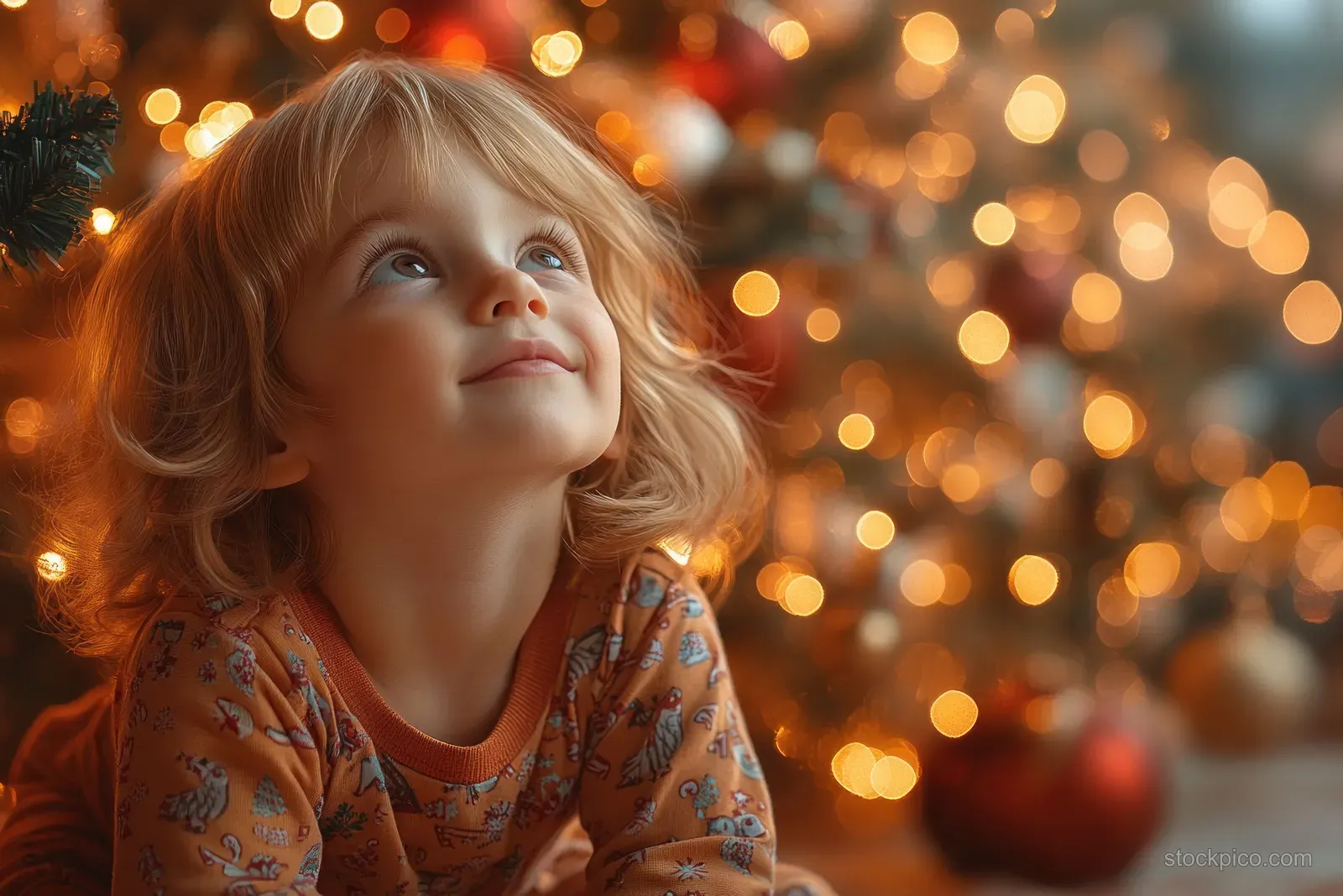 A child in Christmas pajamas opens a present by a decorated tree with warm glowing lights in the background.