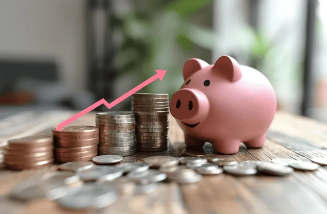 Pink piggy bank beside stacked coins on a table with an upward arrow graphic.