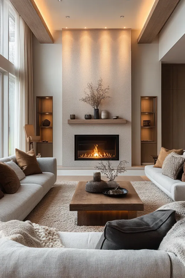 Modern living room with a lit fireplace, warm wall lighting, and plush sofas facing a textured coffee table.