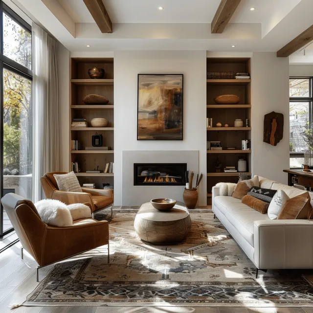 Daylit modern living room with a fireplace, built-in shelves, leather armchair and sofa, and large windows.