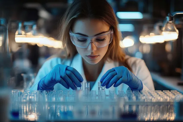 Scientist with blue gloves and protective glasses carefully handling test tubes at a laboratory bench surrounded by glassware.