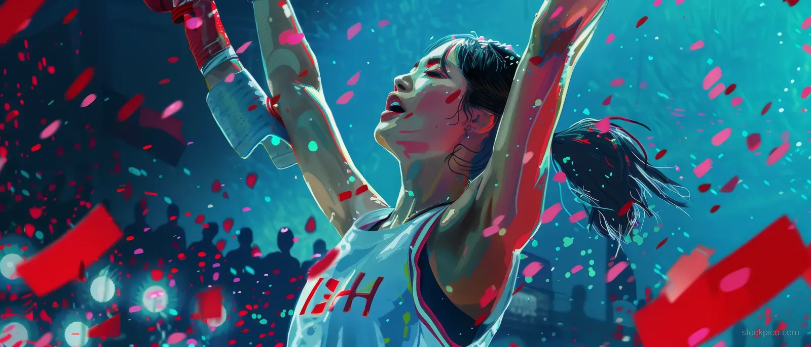 A Japanese woman holds a barbell overhead during a weightlifting meet with confetti and cheering spectators behind.