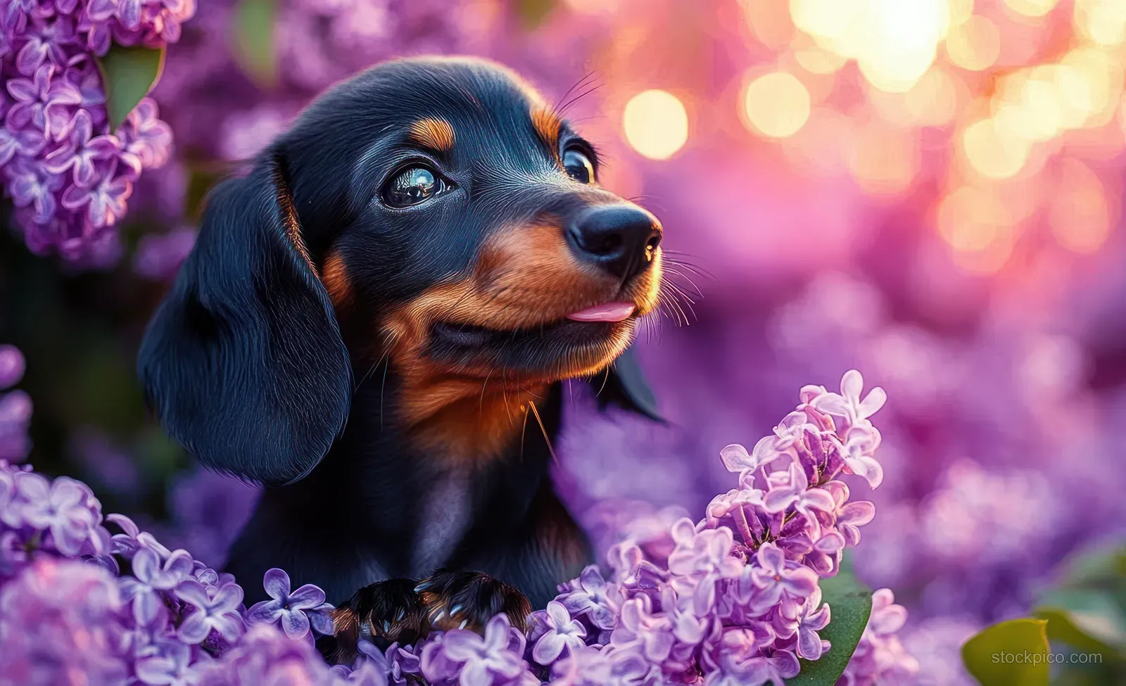Black and tan dachshund puppy surrounded by purple lilac flowers with warm glowing sunset bokeh in the background.