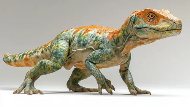 Green dinosaur with orange accents sprinting forward on a clean studio white background