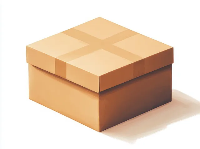 Closed brown cardboard shipping box sealed with tape on a white surface with a sharp shadow.