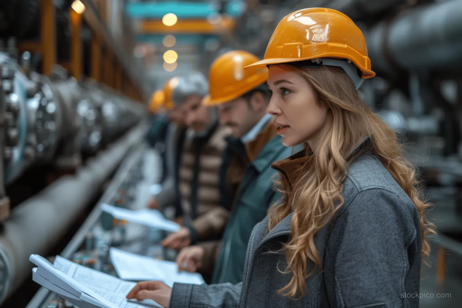 An engineer in a hard hat listens during a factory team discussion with blueprints on the table.