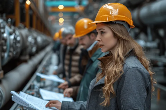 An engineer in a hard hat listens during a factory team discussion with blueprints on the table.