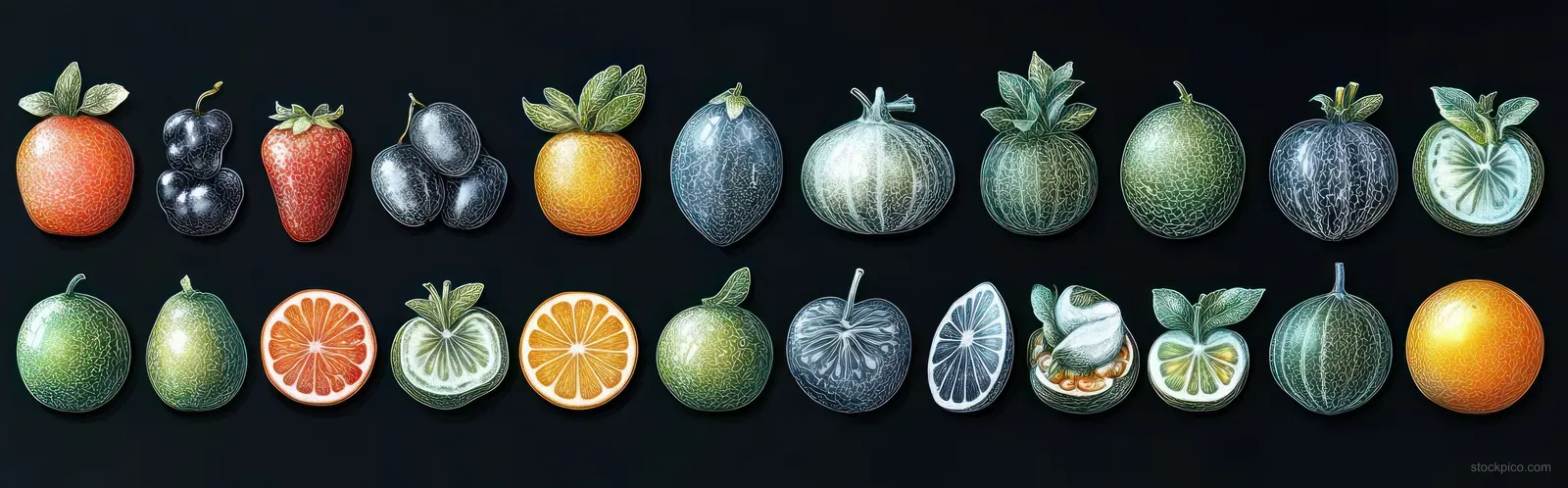 Whole and sliced oranges, berries, melons, and citrus arranged in a row with leafy details on a dark background.