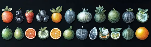 Whole and sliced oranges, berries, melons, and citrus arranged in a row with leafy details on a dark background.