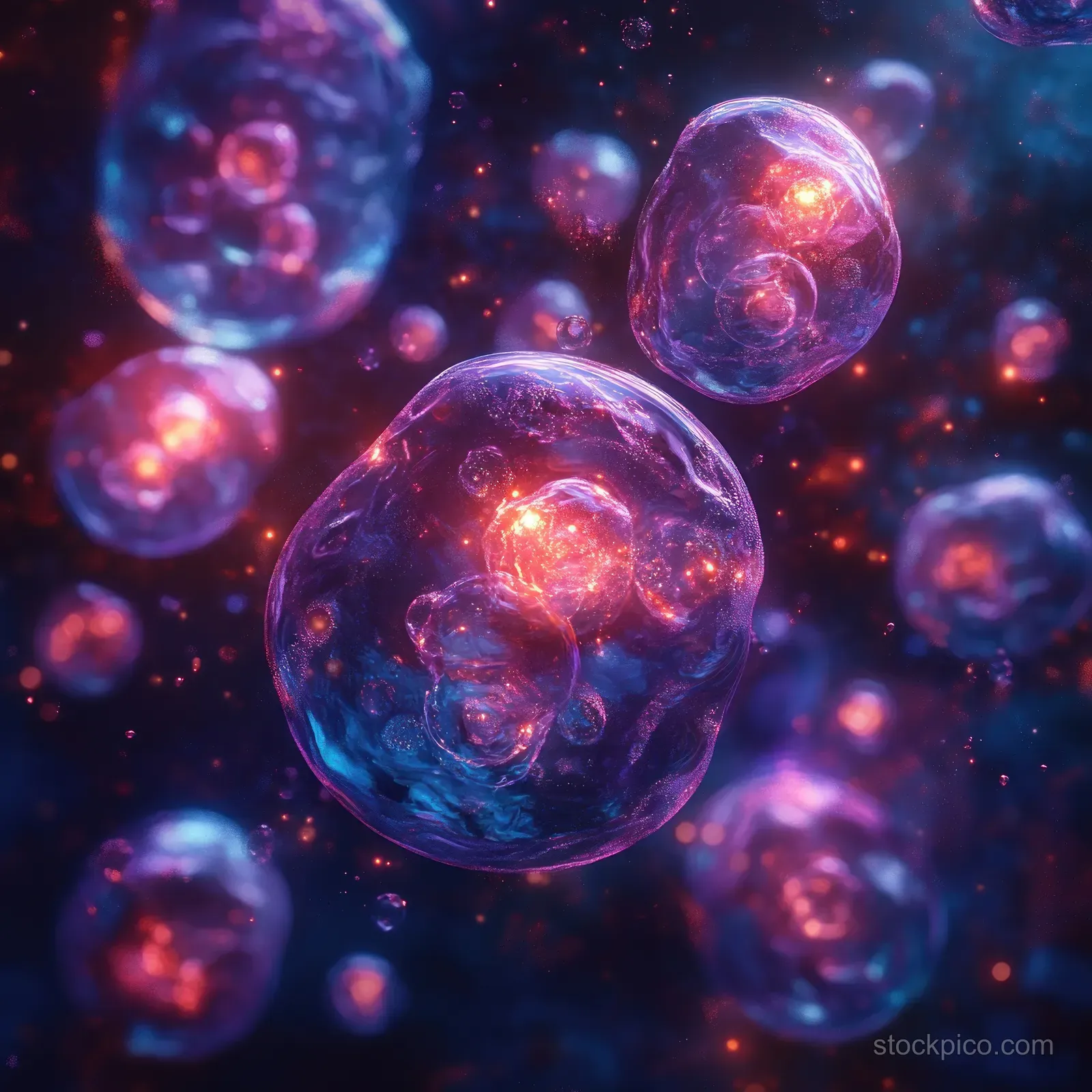 Glowing monkeypox virus particles float in a dark blue biological space filled with small spheres.