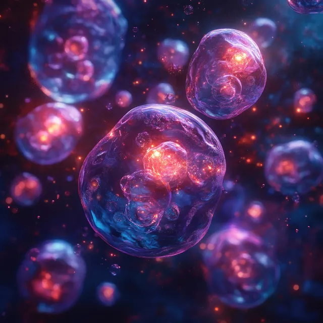 Glowing monkeypox virus particles float in a dark blue biological space filled with small spheres.