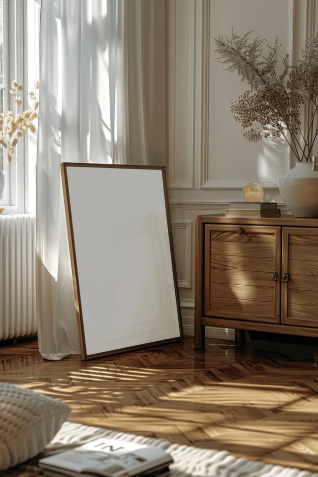 Minimalist living room with blank poster frame, wooden cabinet, and sunlit sheer curtains