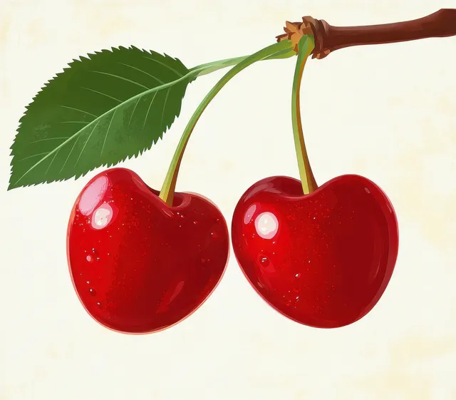 Two red cherries on a light background with glossy highlights and a green leaf