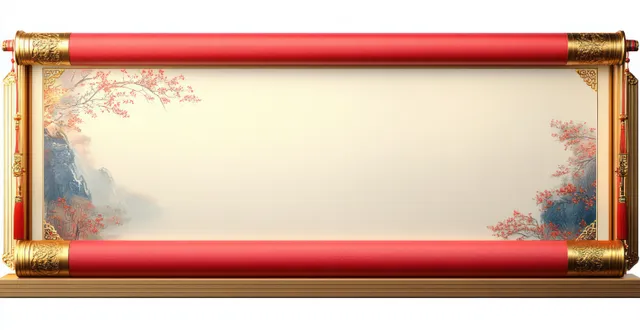 Empty horizontal scroll frame with red gold ends showing misty mountains and autumn branches on a cream background.