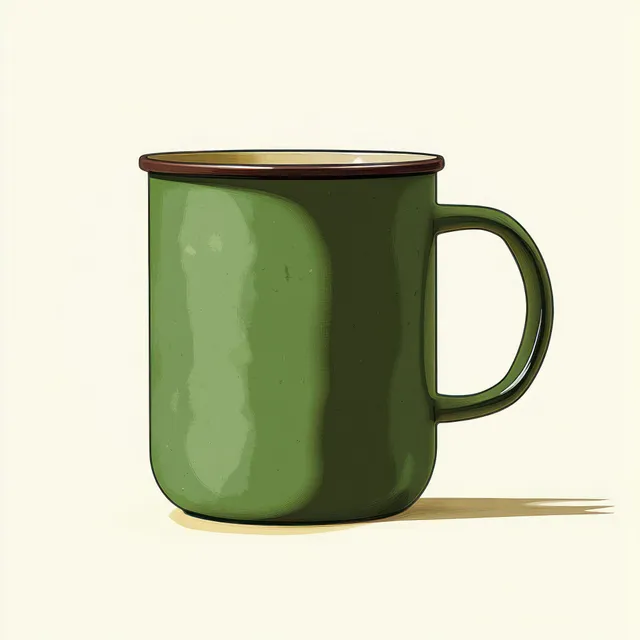 Green metallic mug with a handle shown on a light background, casting a soft shadow.
