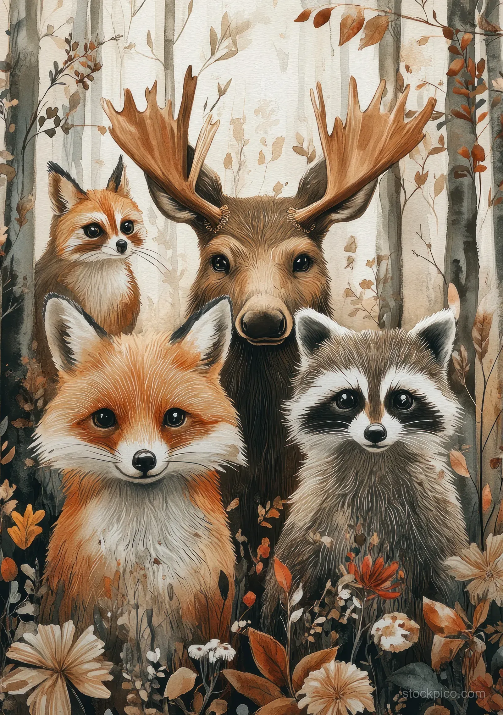 Watercolor woodland illustration of moose, fox, raccoon, and owl faces among autumn leaves and flowers in a forest.
