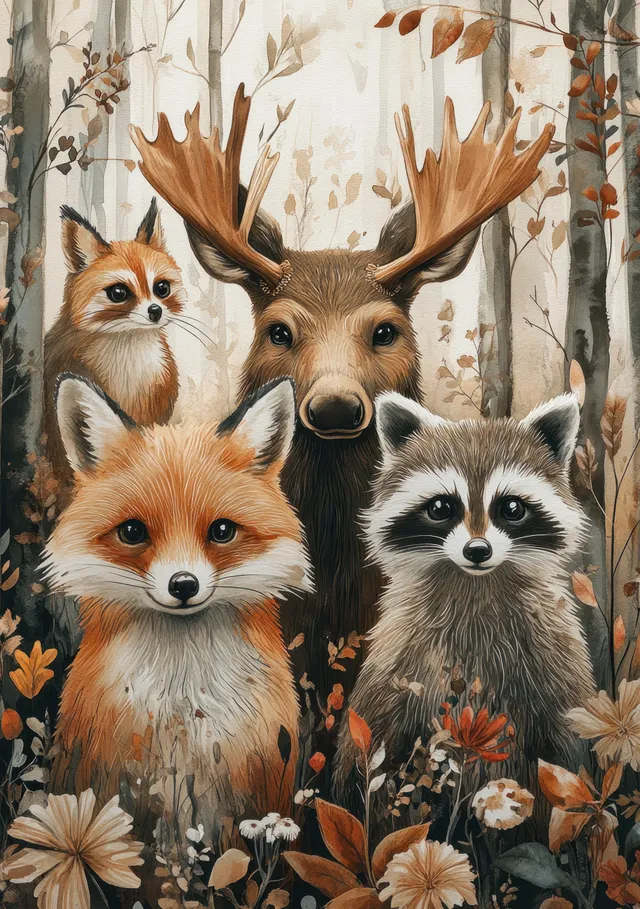 Watercolor woodland illustration of moose, fox, raccoon, and owl faces among autumn leaves and flowers in a forest.