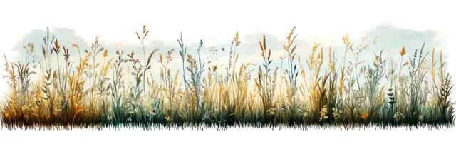 Tall grass and wild plants with delicate flowers fill a meadow beneath a soft cloudy sky.