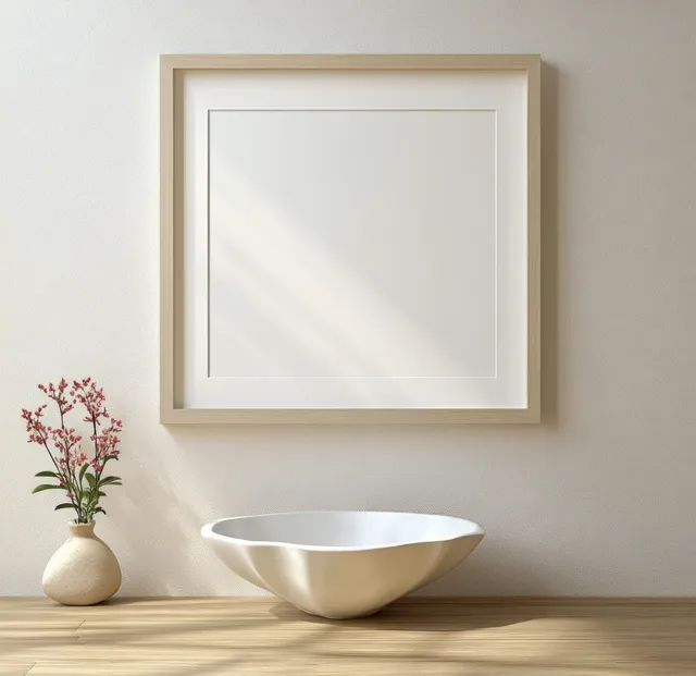 Minimalist square picture frame mockup on a beige wall with empty artwork space and small decor objects nearby.