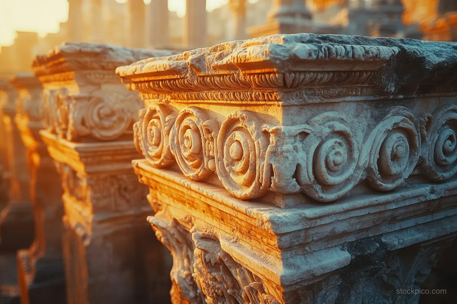 A plaster souvenir labeled “ROMA” beside ornate carved stone details under warm street lighting.