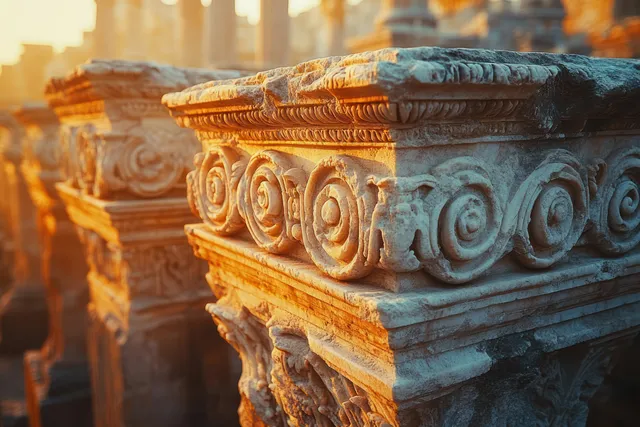 A plaster souvenir labeled “ROMA” beside ornate carved stone details under warm street lighting.