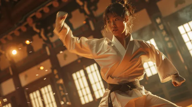 A taekwondo athlete in a white dobok throws a high kick in a dojang under warm sunlight.
