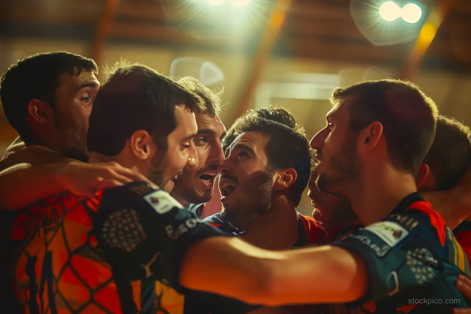Spanish men’s handball players huddle and celebrate victory with arms around teammates under warm stadium lights.