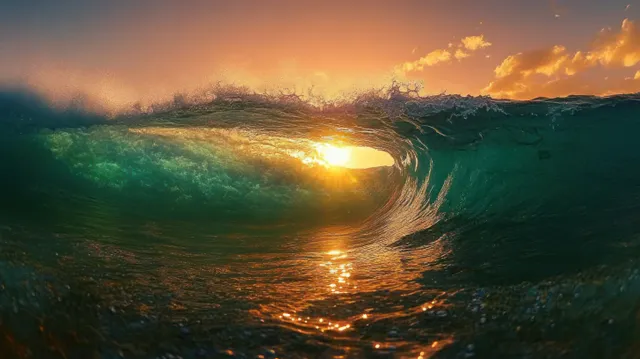 Sunset light beams through a curling ocean wave with golden reflections on the rippled water.