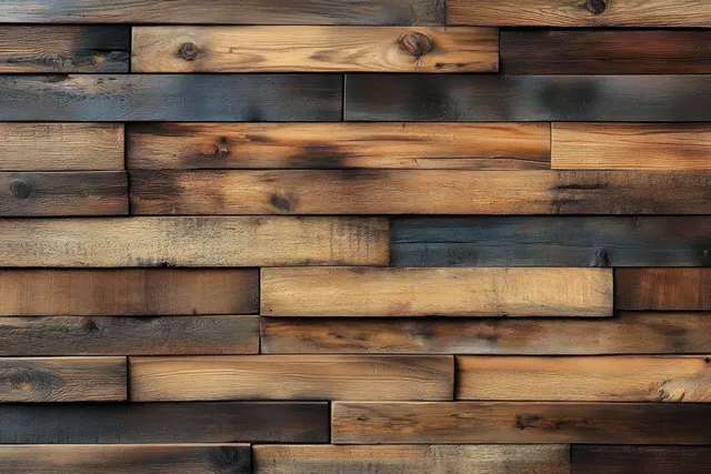 Horizontal wooden wall paneling featuring mixed widths of natural brown and dark charred planks with visible grain.