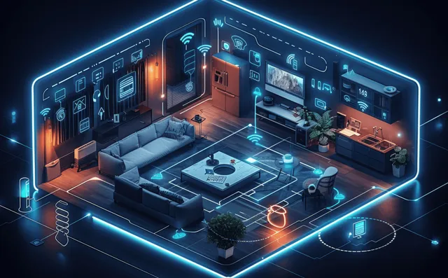 Isometric living room surrounded by a glowing smart home control interface with IoT device icons and device status indicators.