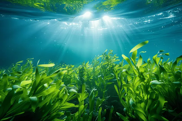Sunlight filters through clear blue water, illuminating vibrant green seaweed and lush underwater vegetation in a rich marine habitat.