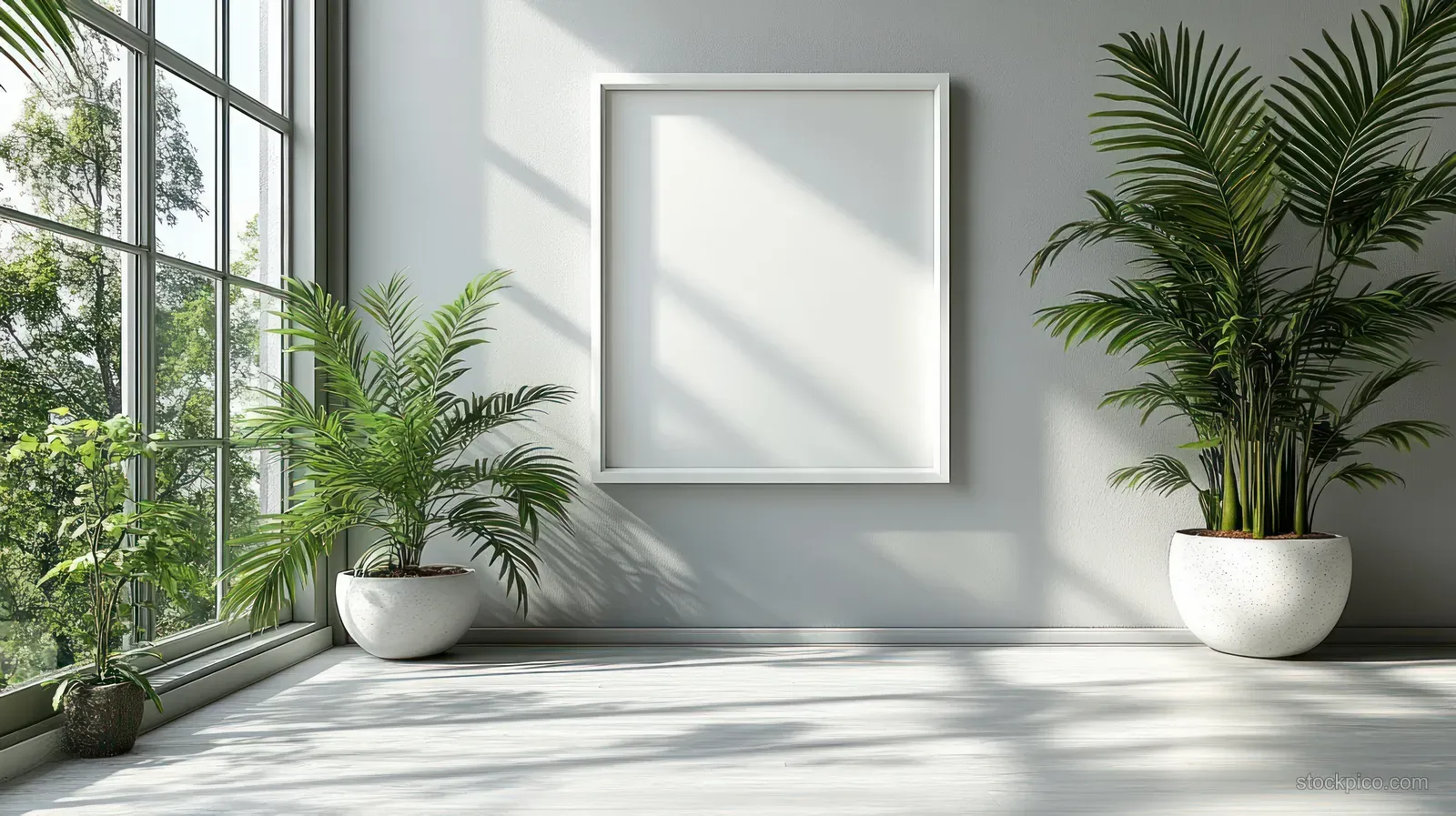 Sunlit minimalist room with potted aloe vera on a white table, framed wall art, and large windows.