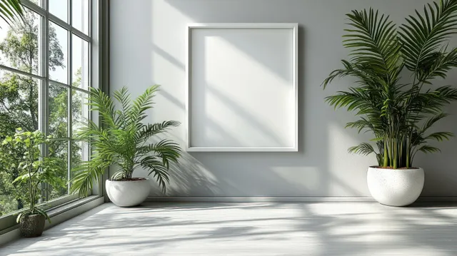 Sunlit minimalist room with potted aloe vera on a white table, framed wall art, and large windows.