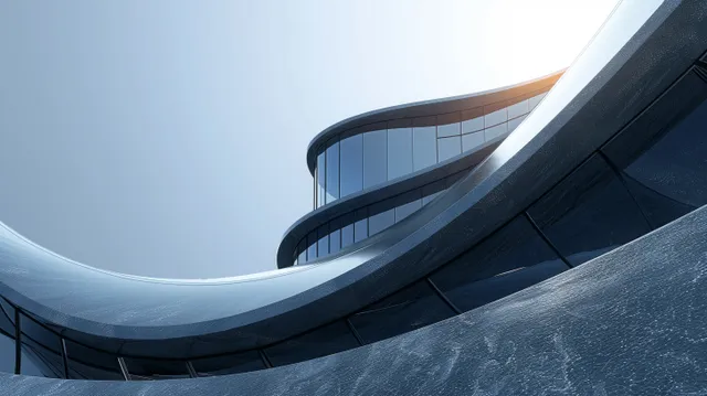 Curved futuristic building facade rises over an empty asphalt roadway beneath a clear blue sky.
