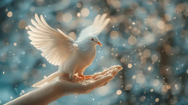 A white dove takes flight from an open woman's hand against a soft blue bokeh background, symbolizing hope and harmony.
