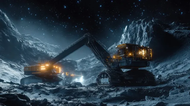 Tracked excavators dig into rocky lunar-like ground under starry night, lit by bright work lights.