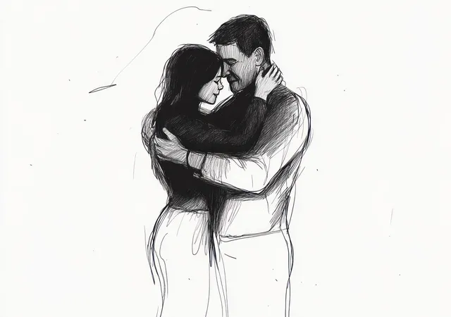 Black-and-white sketch couple embracing closely, tender faces and gentle hands in a quiet moment