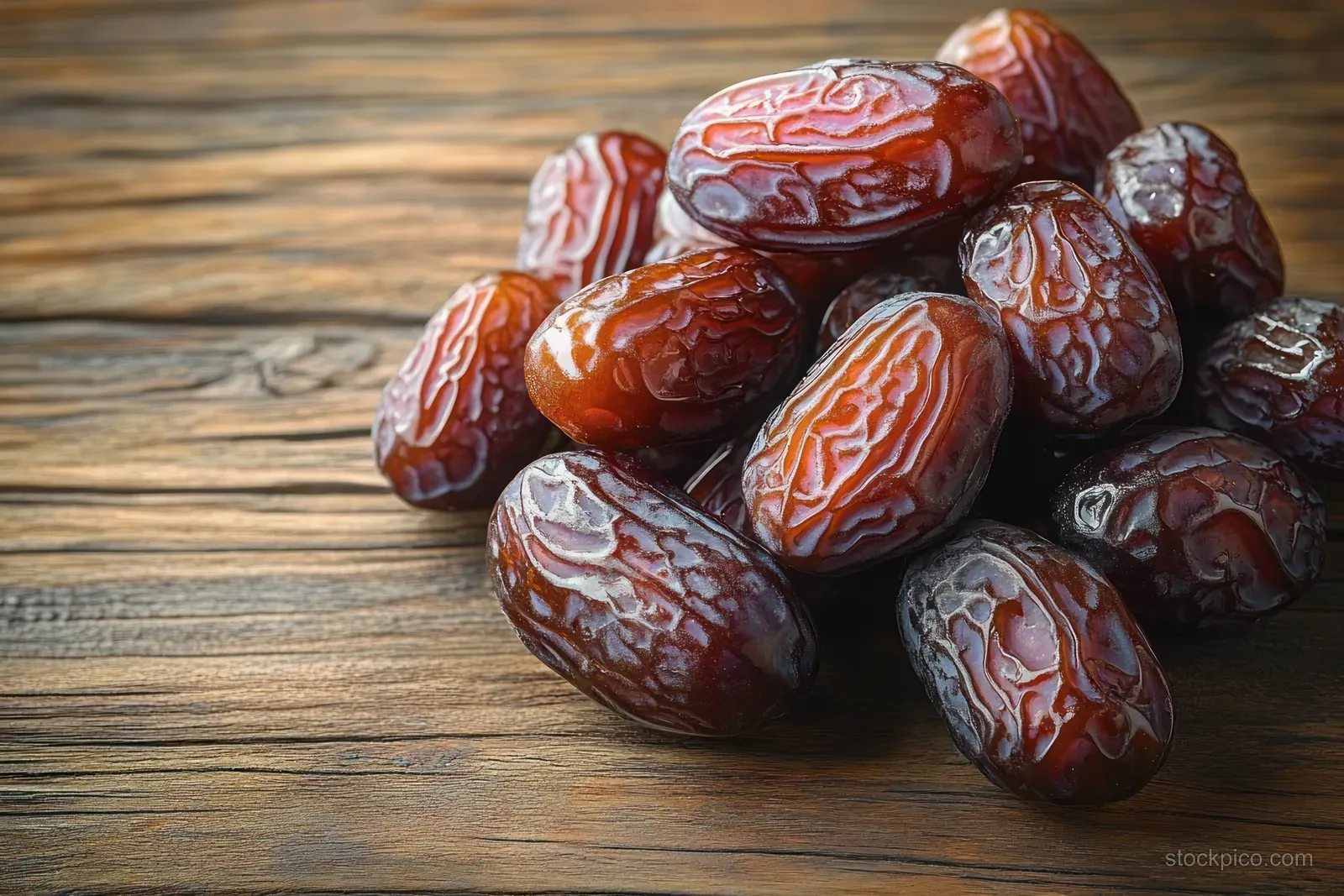 A close-up cluster of glossy dried dates on a rustic wooden surface with detailed wrinkled skins.