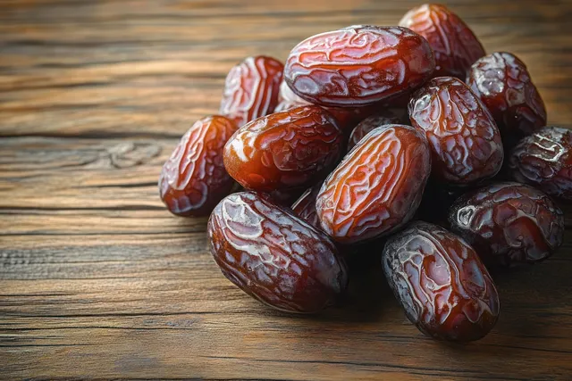 A close-up cluster of glossy dried dates on a rustic wooden surface with detailed wrinkled skins.