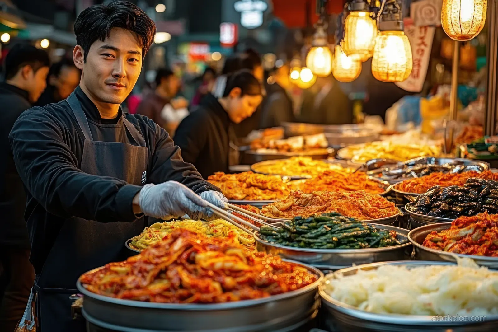 A smiling Korean vendor serves colorful banchan from metal trays at a lantern-lit night market stall.