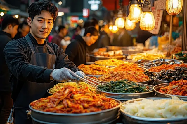 A smiling Korean vendor serves colorful banchan from metal trays at a lantern-lit night market stall.